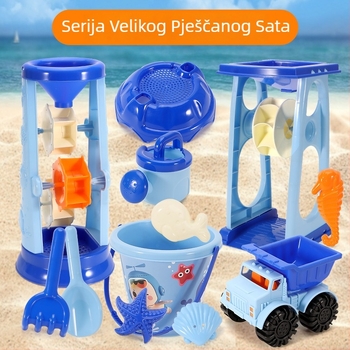 Veliki dječji set za pijesak na plaži s kantu, lopaticom, pješčanim satom i karikaturnim likovima morskih životinja