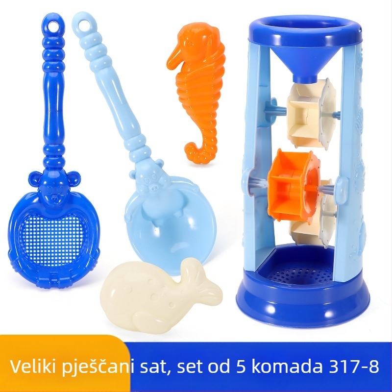 Veliki dječji set za pijesak na plaži s kantu, lopaticom, pješčanim satom i karikaturnim likovima morskih životinja