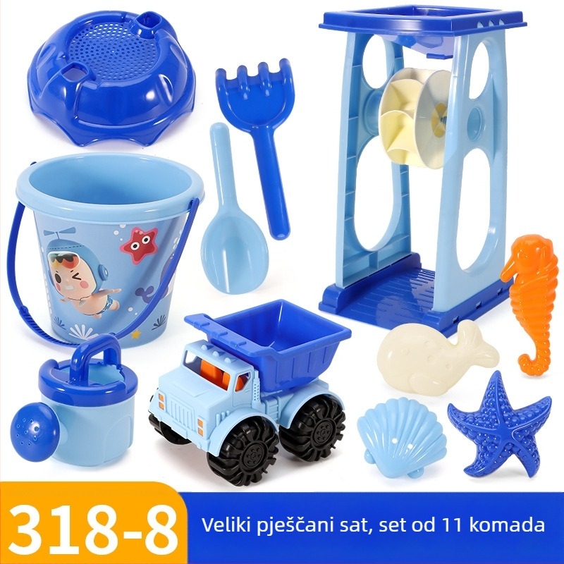 Veliki dječji set za pijesak na plaži s kantu, lopaticom, pješčanim satom i karikaturnim likovima morskih životinja