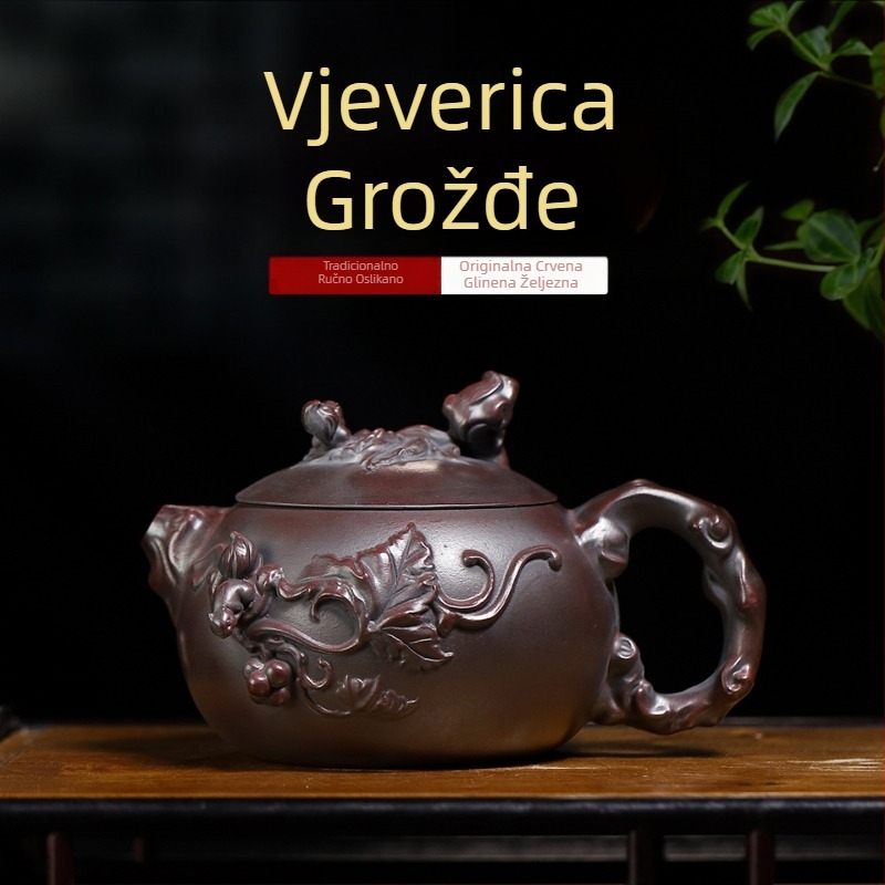 Yixing ručno izrađeni čajnik od purpurne pijesčane gline, tamnocrvena nijansa, motivi Xi Shi, vjeverica i grožđe