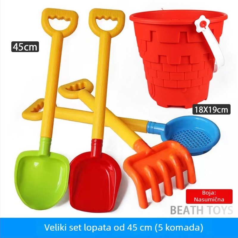 Set igračaka za plažu s velikom lopaticom za pijesak i alatima za kopanje, za djecu, igre s pijeskom i vodom, interakcija roditelj-dijete, uz obalu, pješčani sat