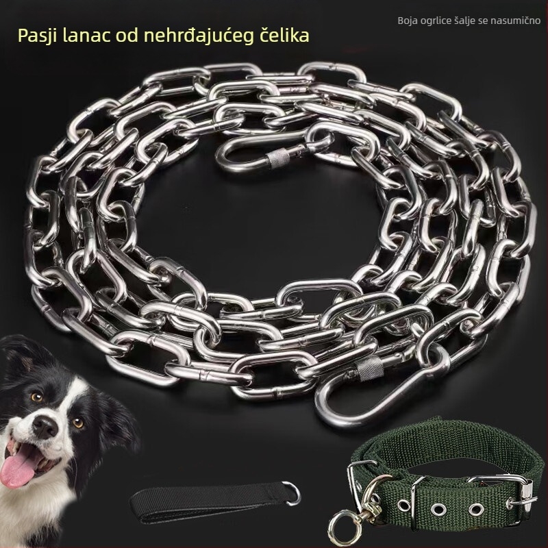 Set lanac-ogrlica od 304 nehrđajućeg čelika za velike, srednje i male pse, uključuje ogrlicu s lancem i vodilicu, otporno na ugrize