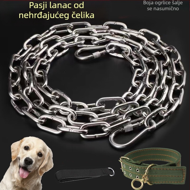 Set lanac-ogrlica od 304 nehrđajućeg čelika za velike, srednje i male pse, uključuje ogrlicu s lancem i vodilicu, otporno na ugrize