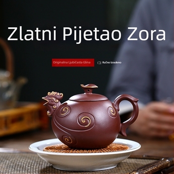 Yixing Zisha čajnik – ručno oslikan, purpurna glina, motiv zlatnog pijetla u zori – darovni set čaja, prilagodljiv