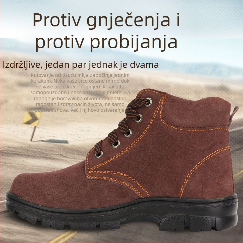 Muške visoke sigurnosne cipele s čeličnim prstom, otporne na udarce i probijanje, gornji dio od velur teleće kože, izdržljive, lagane, protuklizne