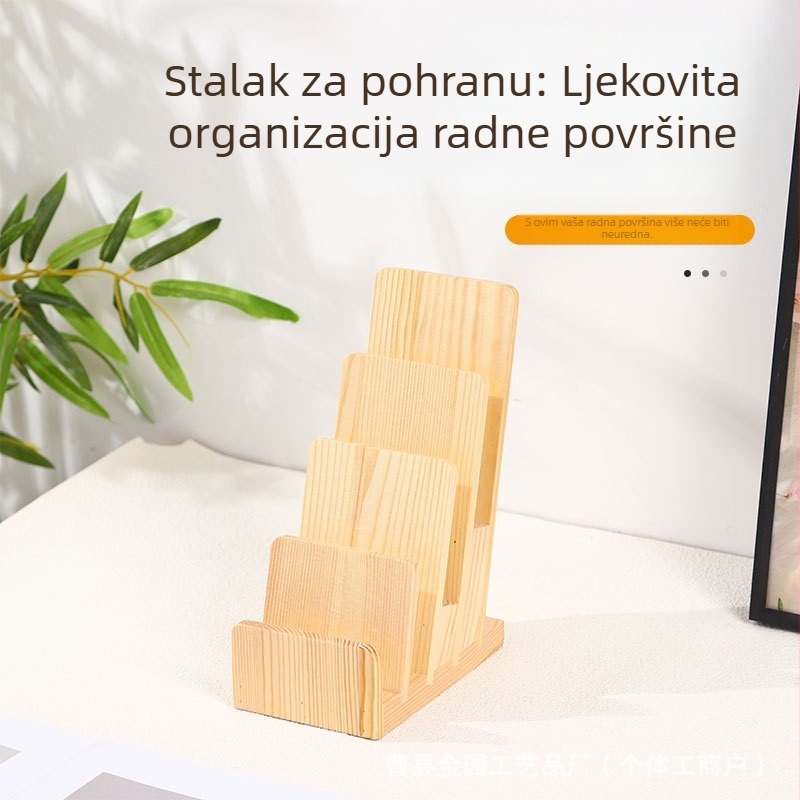 Drveni držač vizitki, stolni vertikalni izložbeni stalak za časopise i letke, s protukliznom bazom, 4 razine