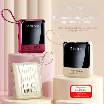 Prijenosni power bank s ugrađenim kabelom, kompakt dizajn, 20000 mAh, personalizirani dar