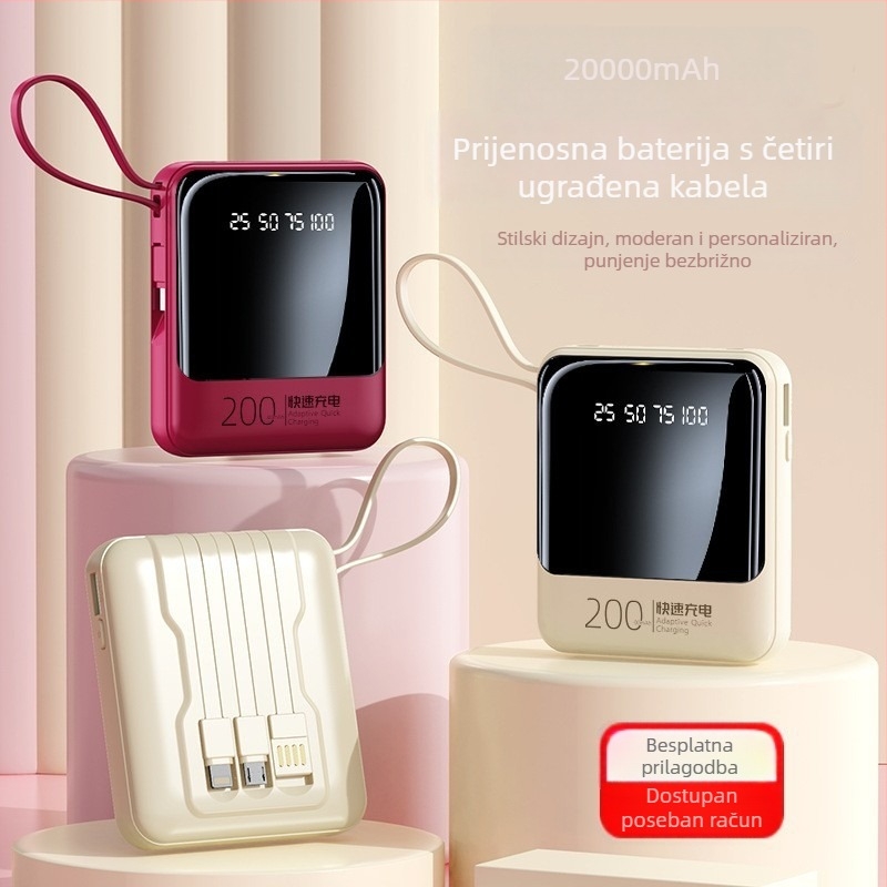 Prijenosni power bank s ugrađenim kabelom, kompakt dizajn, 20000 mAh, personalizirani dar