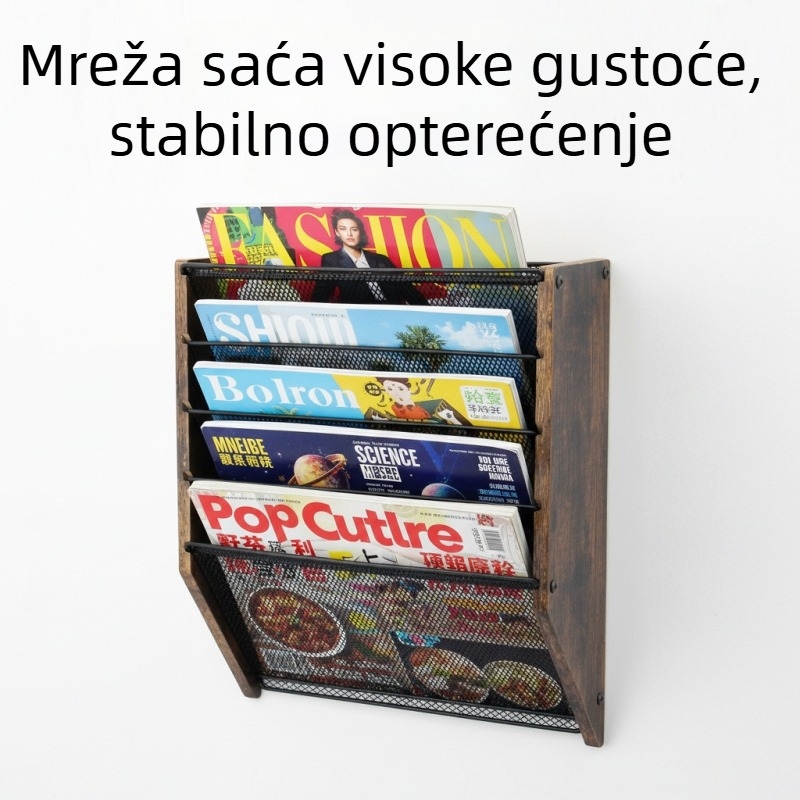 Drveni zidni organizator za dokumente s pet etaža i stalak za časopise