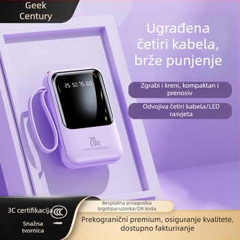 Power banka 20 000 mAh, s 3C certifikatom, s ugrađenim kabelom, mogućnost prilagođenog logotipa, dugotrajna baterija