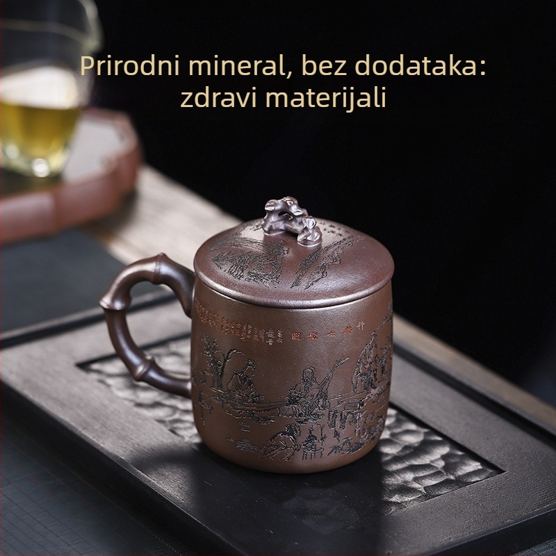Ručno izrađeni Yixing čajnik od ljubičaste gline, Huanglongshan ljubičasta glina, šalica s poklopcem s dizajnom Bamboo Forest Seven Sages, velika kapacitet za kućnu upotrebu