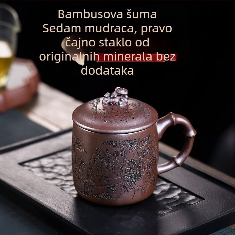 Ručno izrađeni Yixing čajnik od ljubičaste gline, Huanglongshan ljubičasta glina, šalica s poklopcem s dizajnom Bamboo Forest Seven Sages, velika kapacitet za kućnu upotrebu