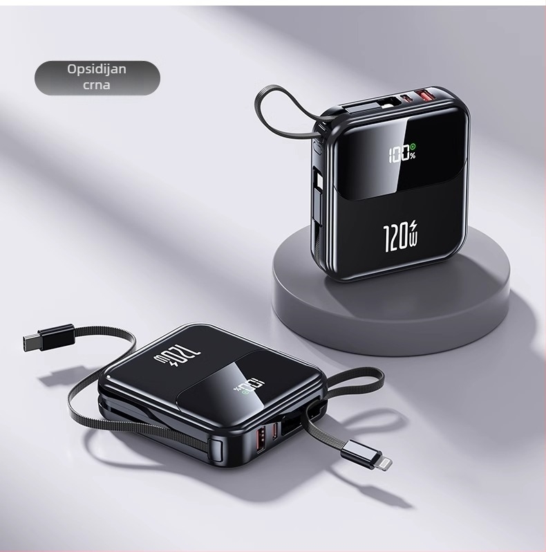 3C certificiran Power Bank s brzim punjenjem, ugrađeni kabel, kompaktan 10000mAh, avion-kompatibilan, velik kapacitet