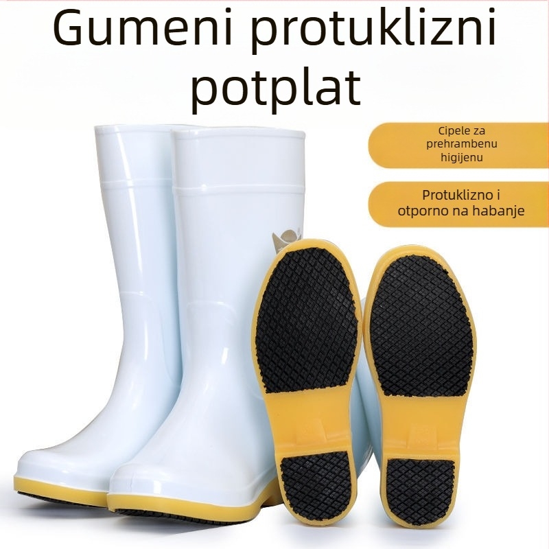 Bijele kišne čizme s gumom na potplatu, čvrste i protivklizne, otporne na habanje, vodootporne i otporne na ulje, srednje visine