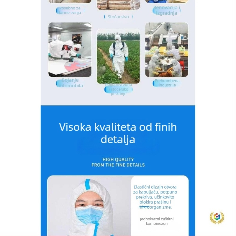 Individualno pakirane zaštitne odjeće za poljoprivredu, nanošenje sprejom, rad na naftnom polju i održavanje strojeva; vodootporno i otporno na vjetar.