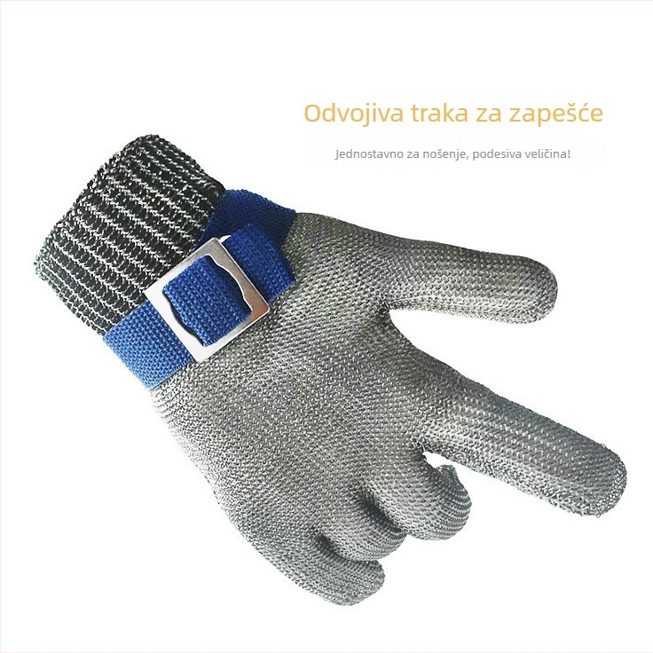 Rukavice za zaštitu od rezanja, razina 5, s pletenom od nehrđajućeg čelika; pogodne za rukovanje noževima, pakiranje i inspekciju; također za rezanje stakla i preradu mesa i ribe.