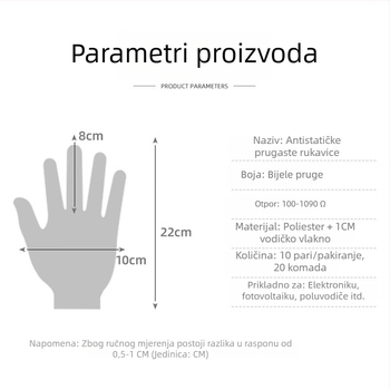 Antistatne radne rukavice s dvostrukim prugastim uzorkom, prozračne, protuklizne, za elektroniku, fotonaponsku industriju i poluvodiče.