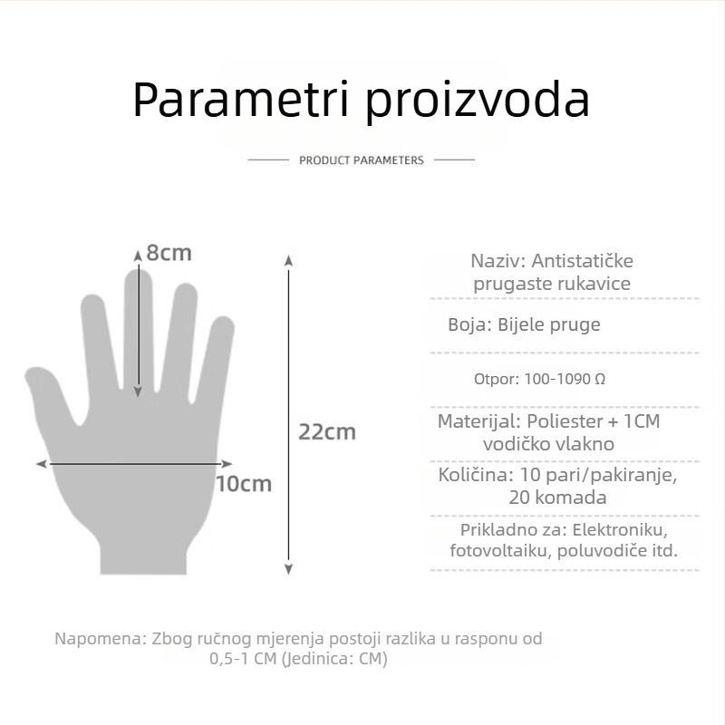 Antistatne radne rukavice s dvostrukim prugastim uzorkom, prozračne, protuklizne, za elektroniku, fotonaponsku industriju i poluvodiče.