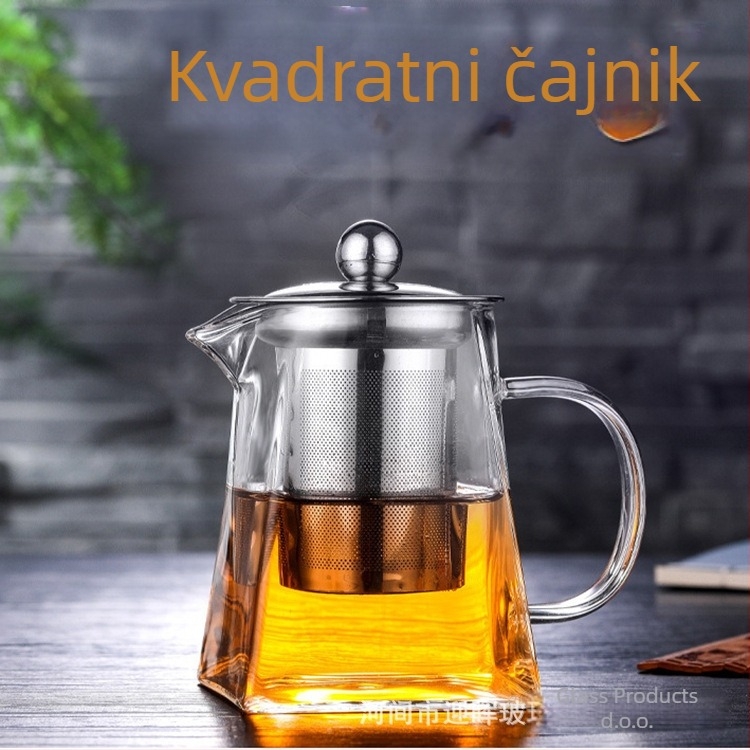 Kvadratni stakleni čajnik s nerđajućim filterom za čaj, otporan na visoke temperature, pogodan za izravno paljenje plamenom
