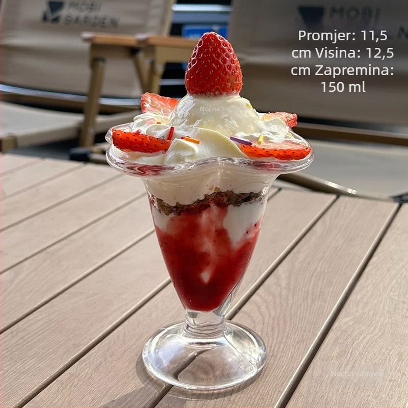 Staklena čaša za deserte s žličicom — za sladoled, milkshake i puding, nepravilnog oblika, jednobojna, otporna na visoke temperature