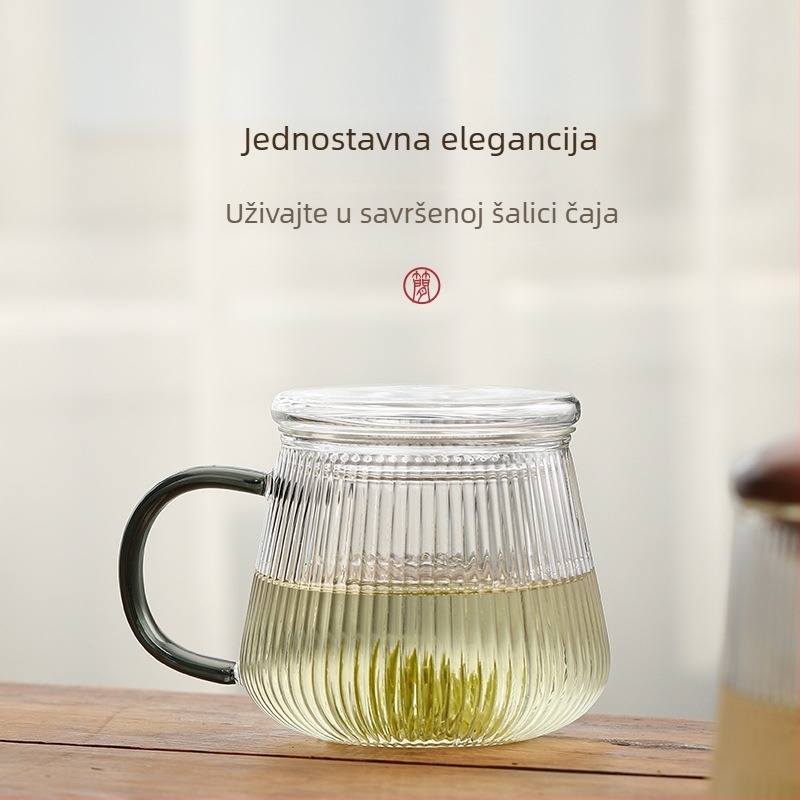 Čajna šalice od borosilikatnog stakla s vertikalnim uzorkom, 400 ml, trodijelni set, drveni poklopac i unutarnja umetna