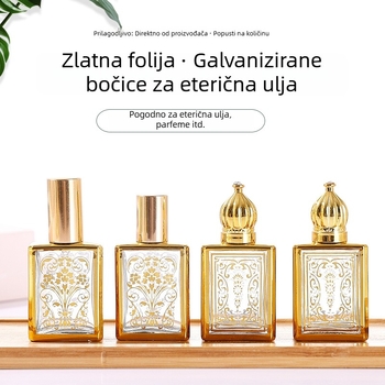 15 ml staklena plosnata kvadratna boca s elektroplatiranim zlatom, sprej ili roller s kuglicom za eterična ulja i parfeme
