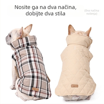 Pasji kaput za jesen i zimu, debeli sloj punjenja, klasičan karirani uzorak, dvostrano nošenje, vodootporan najlonski vanjski sloj, pamukasta podstava