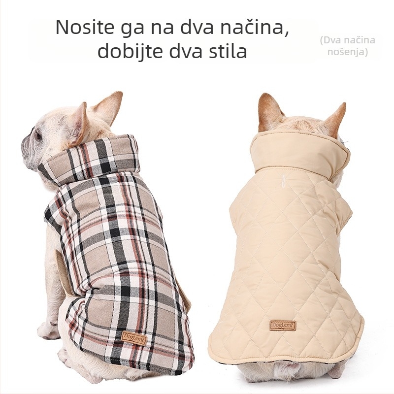Pasji kaput za jesen i zimu, debeli sloj punjenja, klasičan karirani uzorak, dvostrano nošenje, vodootporan najlonski vanjski sloj, pamukasta podstava