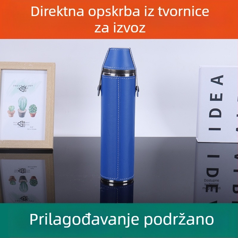 Cilindrična flaska od nehrđajućeg čelika sa kožnim kućištem — 2-u-1 set: flaska i čaša za vino za vanjsku upotrebu