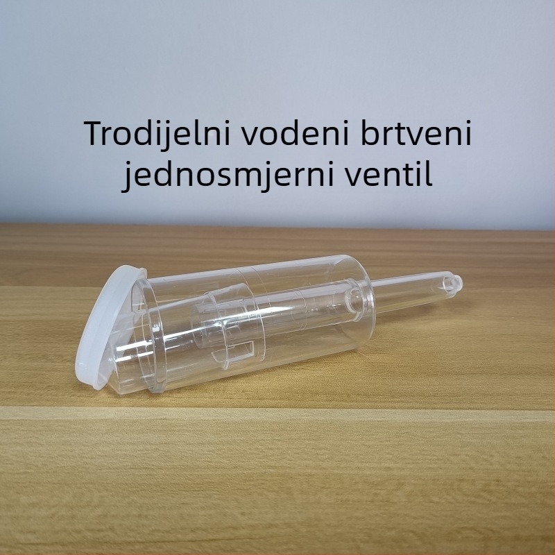Trodjelna cijev s vodnim brtvom za sekundarnu fermentaciju domaćeg vina, piva i kiselih krastavaca, uz jednostrani izlazni ventil