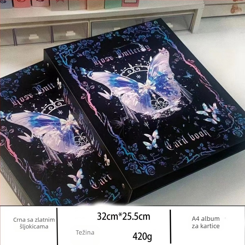 Crno-plavi leptir kartični album, A4, s izmjenjivim listovima, devetodjelna mreža, tvrdi kućište, elegantno skladištenje malih kartica.