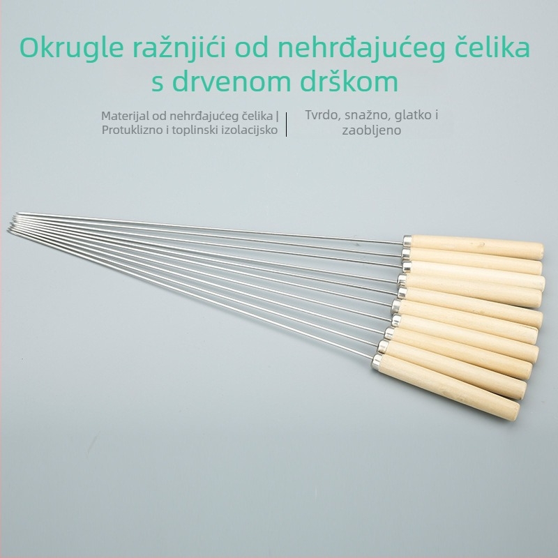 Nehrđajući čelični ražnjići s drvenim drškama, jednokratni okrugli ražnjići za roštilj janjetine