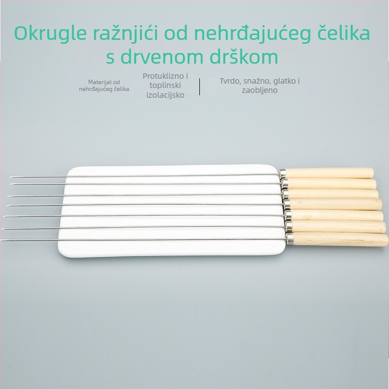 Nehrđajući čelični ražnjići s drvenim drškama, jednokratni okrugli ražnjići za roštilj janjetine