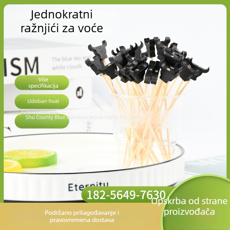 Jednokratne bambusove vilice za voće s crnim likom glave bika, dekorativni štapići za voće na pladnju