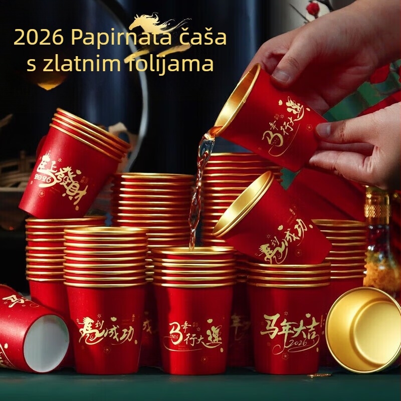 2026. godina konja: papirnata čaša za tople napitke s pozlaćenom folijom, crvena, debeli, svečana jednokratna čaša za Kinesku Novu godinu