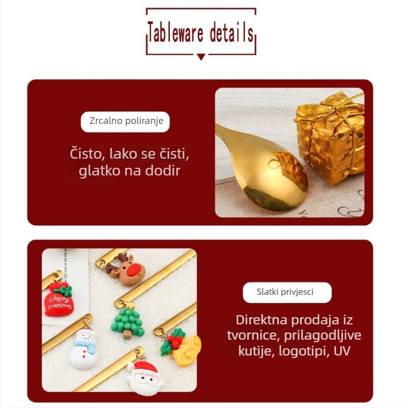 Personalizirani Božićni set pribora od nehrđajućeg čelika sa simpatičnim Djedom Božićnjakom i božićnim drvetom, u poklon kutiji.