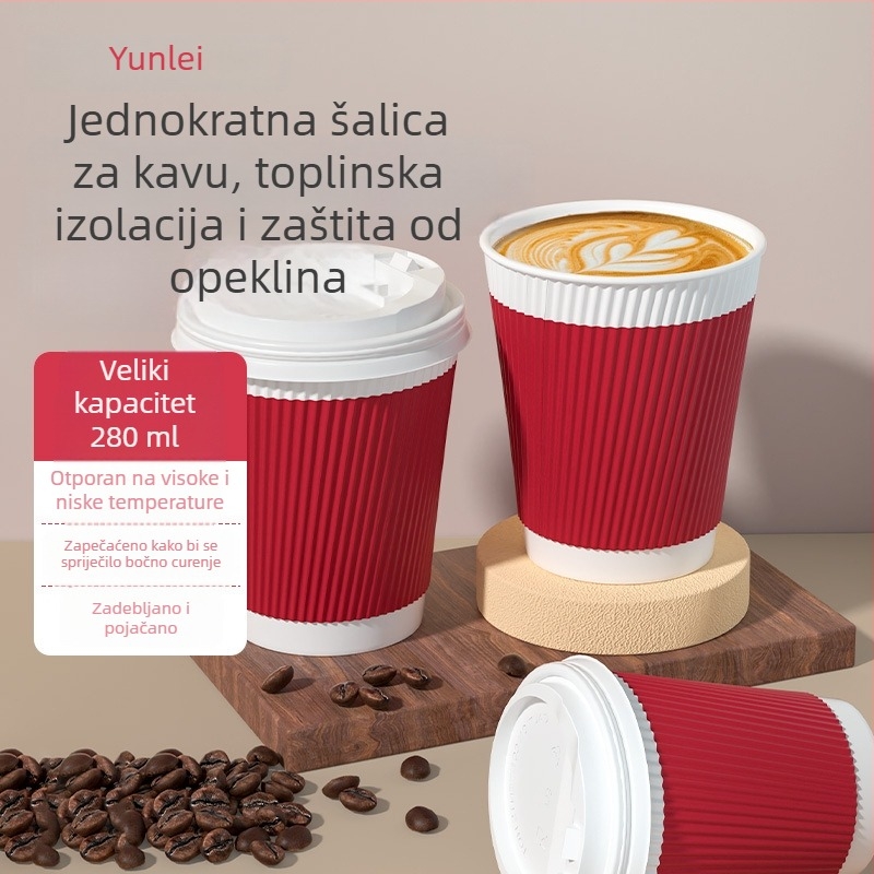 Yunlei jednokratna papirna šalica za kavu – debela papirnata šalica za mliječni čaj, za ponijeti uz poklopac, zaštita od opeklina