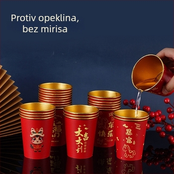 Crvene jednokratne papirnate čaše s pozlaćenom folijom, debele i čvrste za tople i hladne napitke; svadbeni karikaturni dizajn za proljetni festival; kapacitet 201–300 ml; 50 kom.