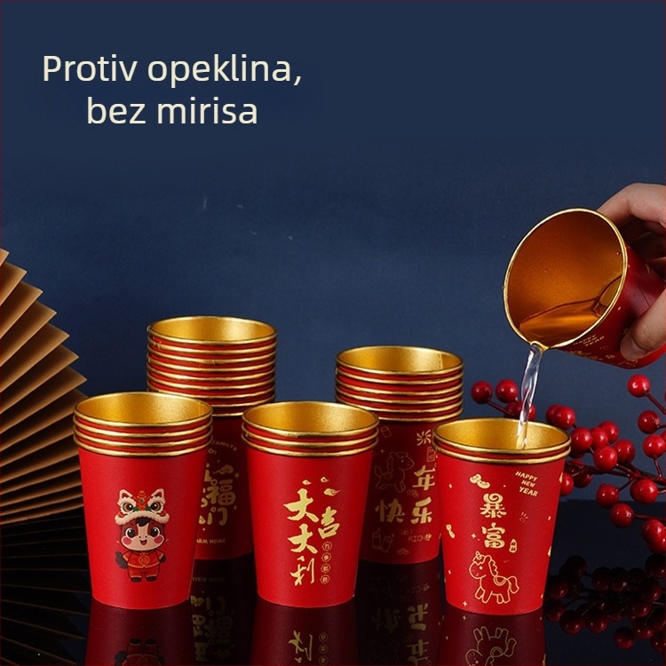 Crvene jednokratne papirnate čaše s pozlaćenom folijom, debele i čvrste za tople i hladne napitke; svadbeni karikaturni dizajn za proljetni festival; kapacitet 201–300 ml; 50 kom.