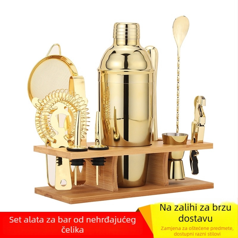 Zlatni 10-dijelni set alata za koktele: klip za led, filter za led i miješajuća žlica