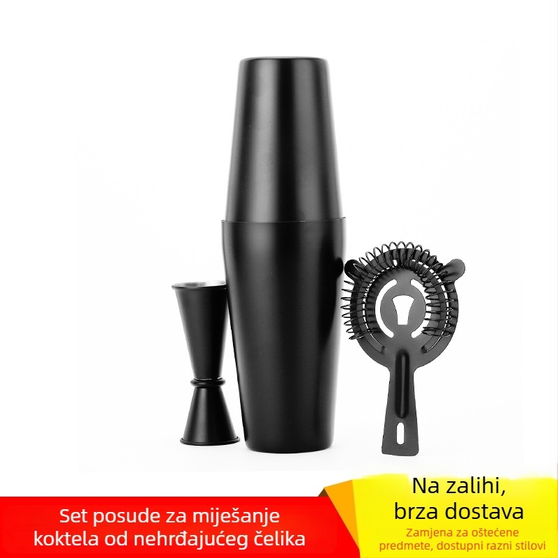 Set koktela od nehrđajućeg čelika, 3-dijelni, za kućnu upotrebu: šejker za koktele, filter za led, mjerna čašica, izljevnik (pourer), bar žlica, otvarač boca