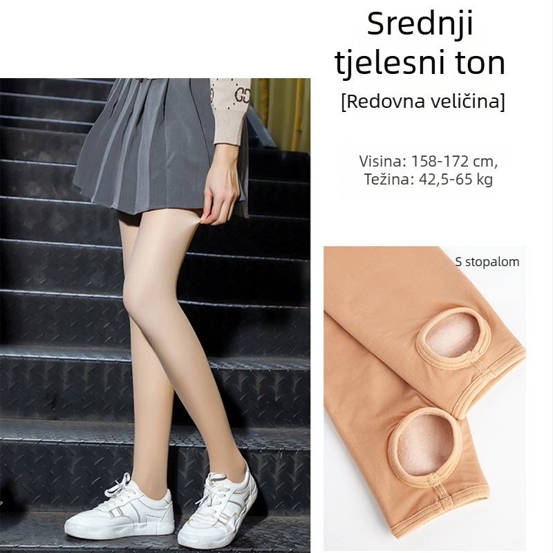 Ženske čarape za jesen-zimu s fleecem, dvostruki sloj, efekt golih nogu, prirodna boja kože