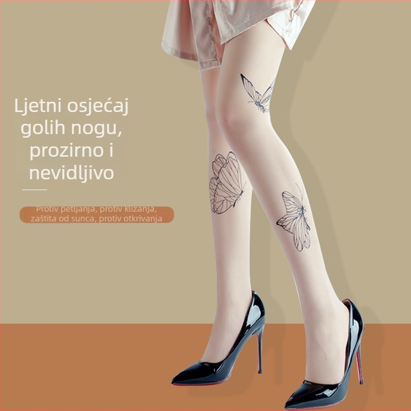 Tanke najlon čarape s mašnicom, boja kože, otisak s slovima, ženske tetovažne čarape