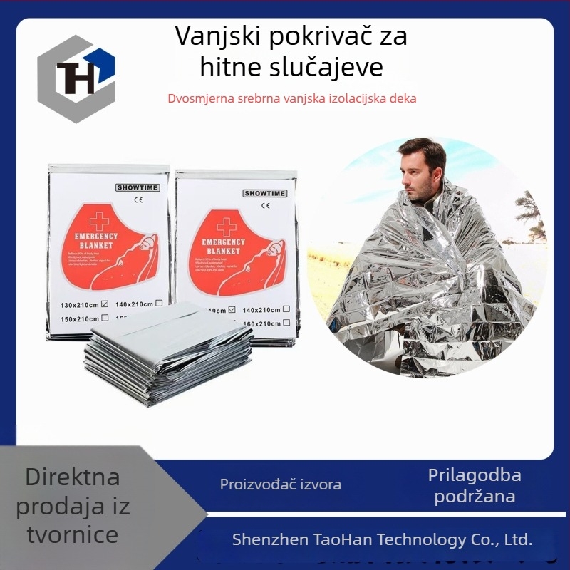 Dvostrano srebrnasta hitna termalna deka za vanjsku upotrebu, višenamjenska za preživljavanje