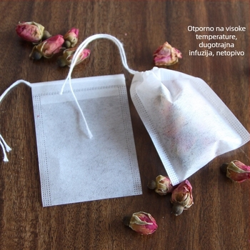 Čajne vrećice od kukuruznih vlakana, jednokratne, biološki razgradive, dimenzije 5,5 × 7 cm, 100 kom.