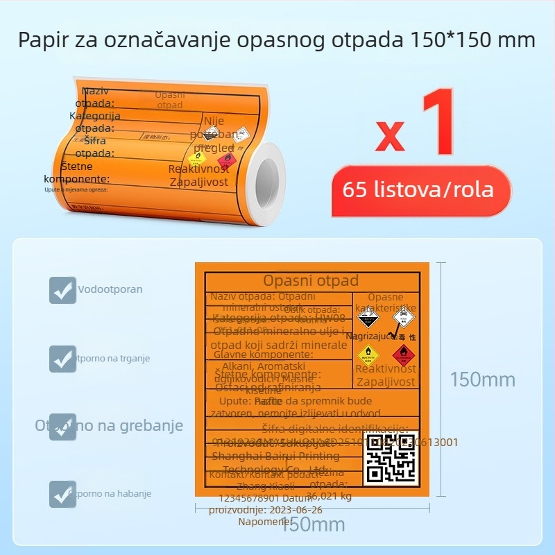 Termalni samoljepljivi papir za označavanje opasnih otpada