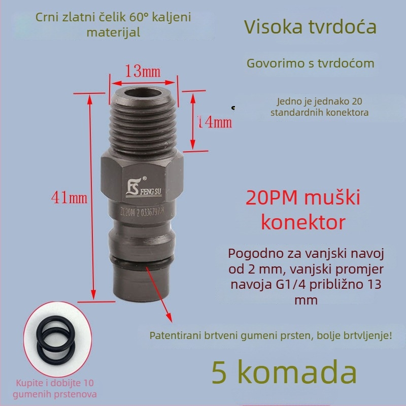 Visokokvalitetni pneumatski brzi spoj od crno-zlatnog čelika s otvrdnutim brzim utikačem, mali zračni pištolj za puhavanje prašine, vanjski navojački muški kraj 20PM