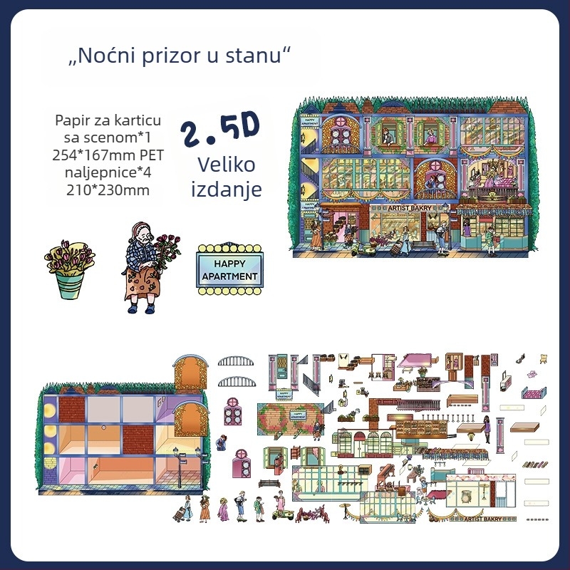 Naljepnice noćnog krajolika stana, 3D mikro prizori vizuali, sladak stil – paket naljepnica