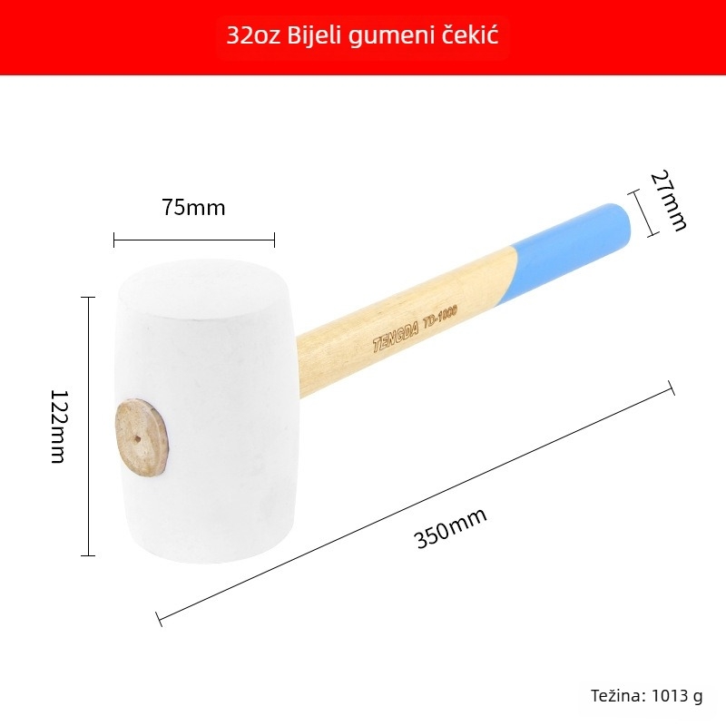 Gumeni čekić s drvenom drškom za ugradnju keramičkih pločica i podnih pločica