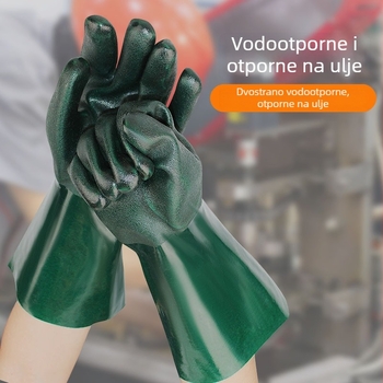 Tamnozelene PVC rukavice otporne na kemikalije s veluru podstavom, mat površinom, otporne na ulje, otporne na kiseline i lužine, protuklizne, industrijski ojačane.